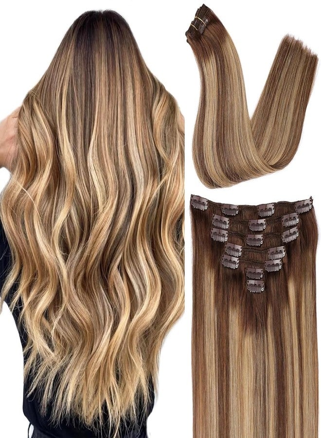 ORIGEN Clip in Hair Extensions Real Remy Human Hair Chocolate Brown to Caramel Blonde Highlights Straight Hair for Women 7pcs 80g 14 Inches - Image 1